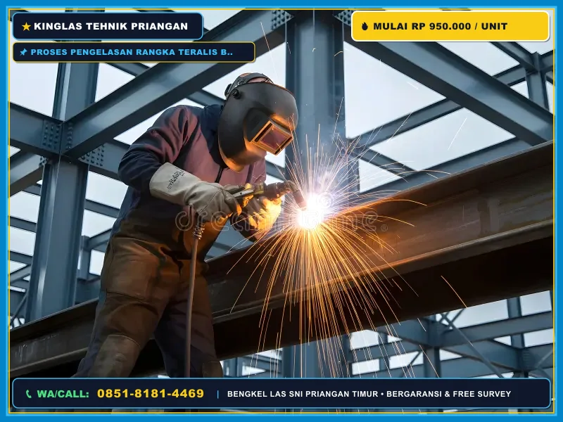 Proses pengelasan rangka teralis besi di bengkel las profesional