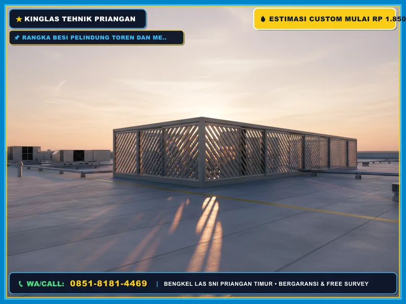 Rangka besi pelindung toren dan mesin pompa air pada rumah modern