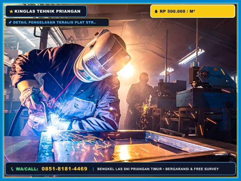 Detail pengelasan teralis plat strip horizontal oleh bengkel las profesional