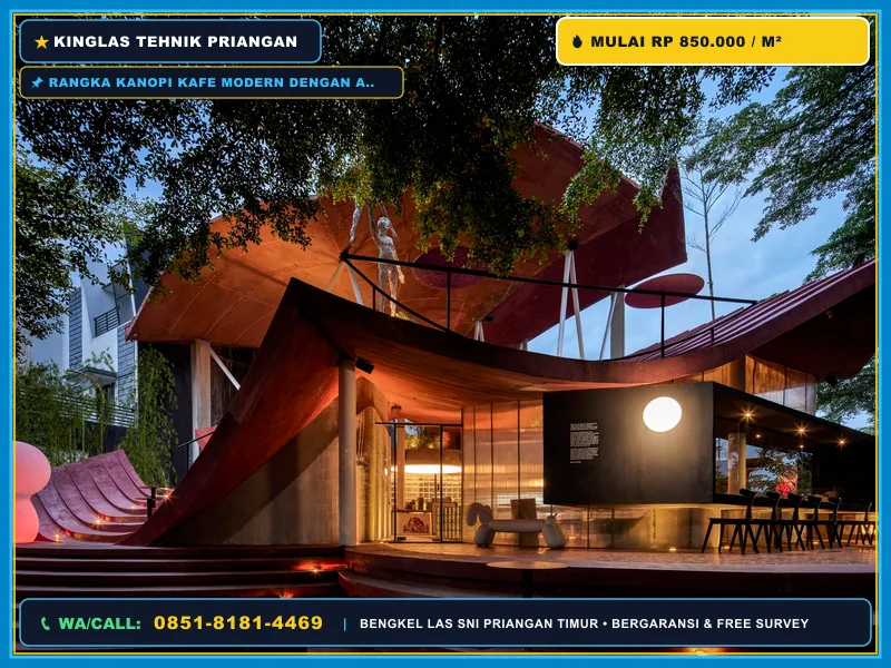 Rangka kanopi kafe modern dengan area duduk outdoor