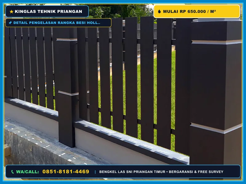 Detail pengelasan rangka besi hollow untuk pagar woodplank GRC