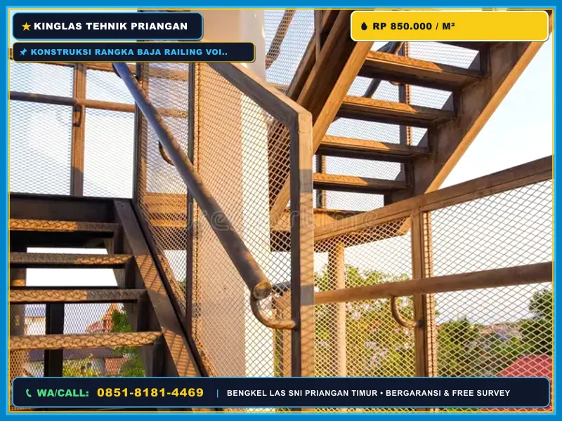 Konstruksi rangka baja railing void tangga expanded metal