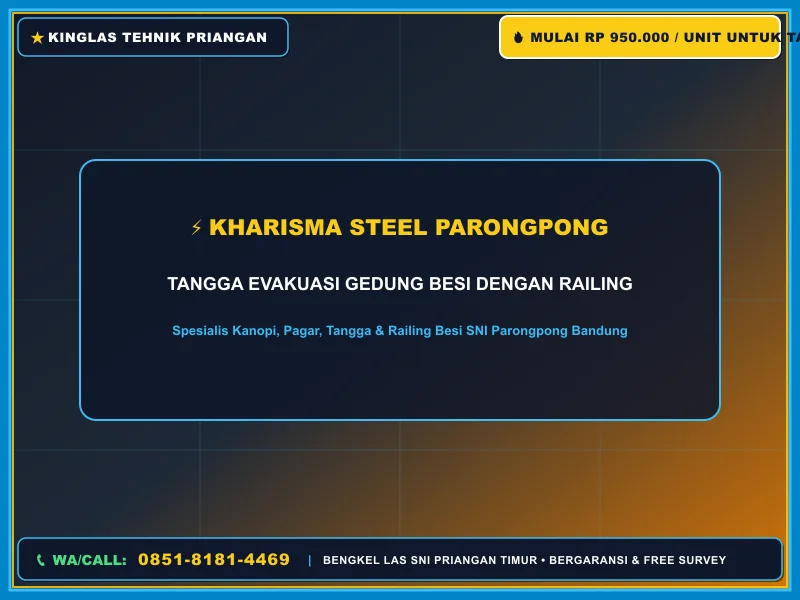 Tangga evakuasi gedung besi dengan railing pengaman