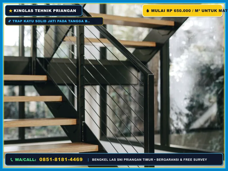 Trap kayu solid jati pada tangga besi minimalis