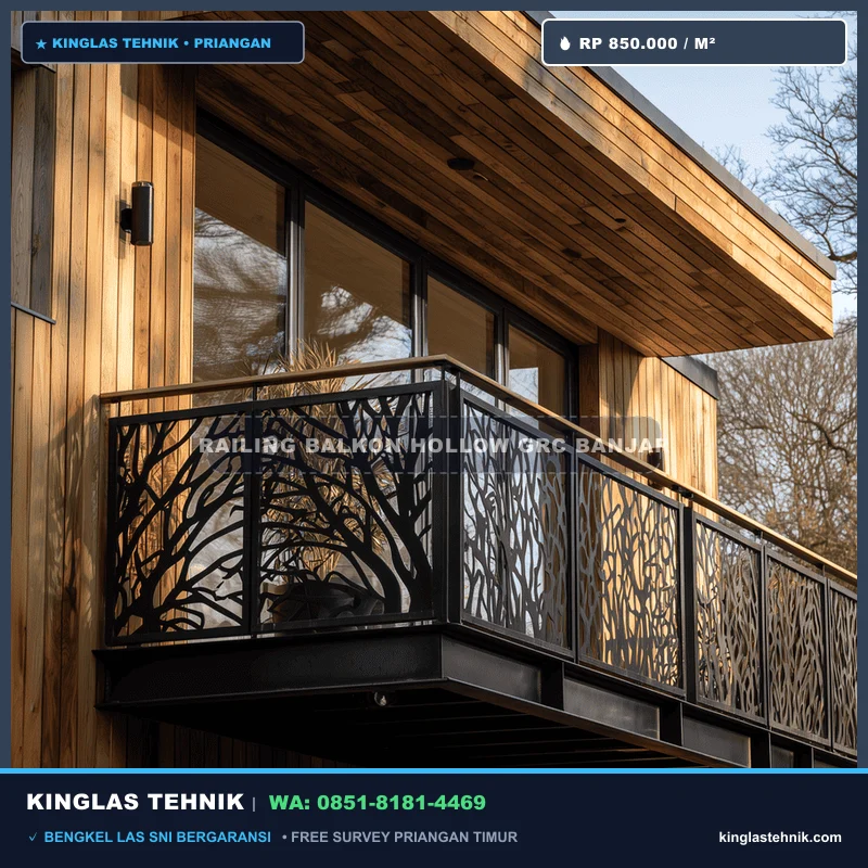 Railing Balkon Kombinasi Besi Hollow & GRC Serat Kayu Banjar
