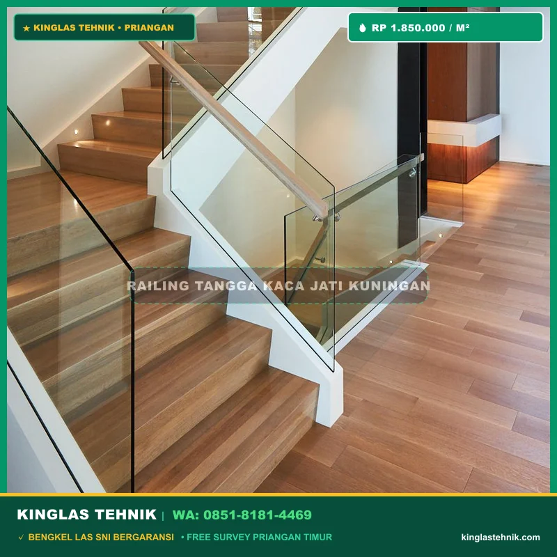 Railing Tangga Kaca Tempered Handrail Kayu Jati Kuningan